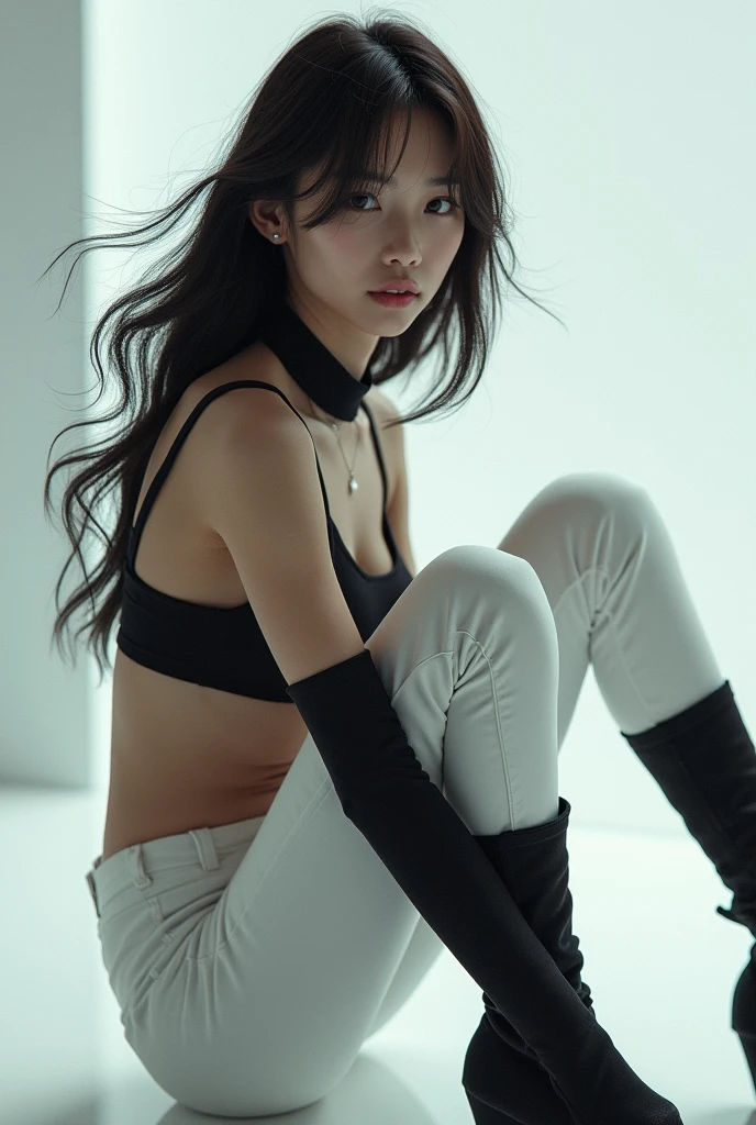 Korean girl, black thigh high boots, white pants, long gloves