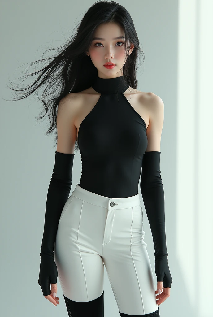 Korean girl, black thigh high boots, white pants, long gloves