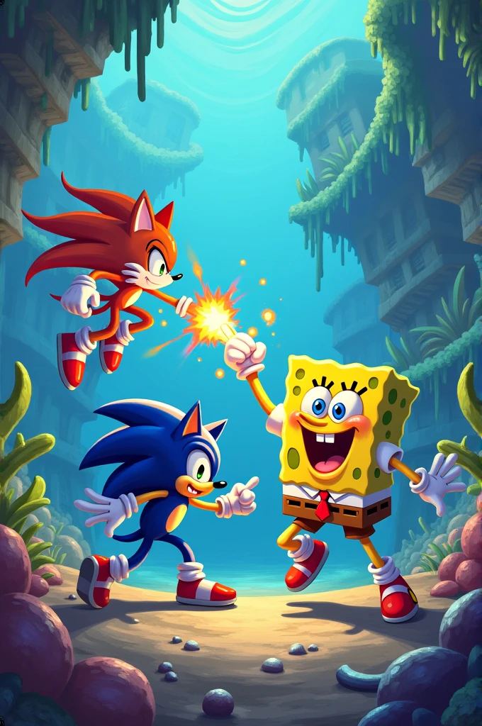 Sponge Bob fusion with Sonic fighting a Patrick fusion against Tails