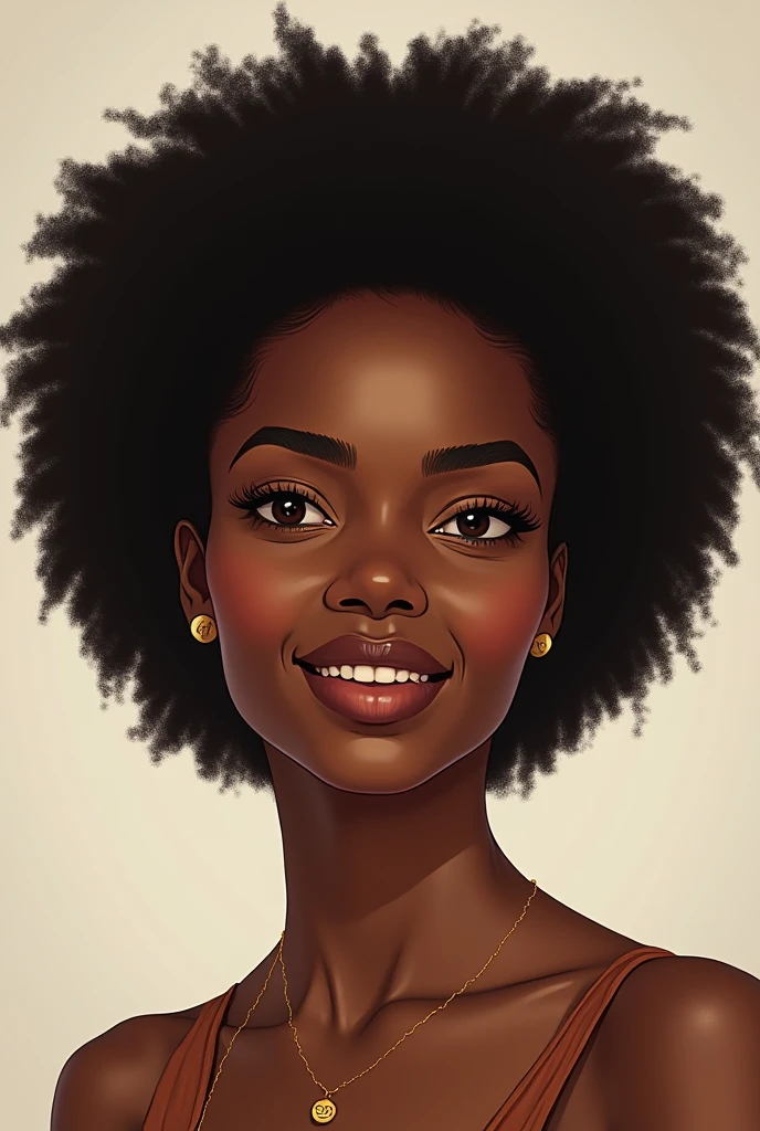 Here is a detailed description of the facial features of a Melanesian woman, followed by a text-to-image AI prompt:

### Facial Features of a Melanesian Woman:
- **Skin Tone**: Deep, rich dark brown skin that reflects the natural Melanesian complexion.
- **Hair**: Afro-textured hair, characterized by tight curls or coils. The hair is voluminous and dense, often styled naturally or in simple, culturally relevant hairstyles.
- **Nose**: A broad and rounded nose with a defined bridge, typical of Melanesian features.
- **Lips**: Full and well-defined lips that have a natural, pronounced shape.
- **Eyes**: Dark brown, almond-shaped eyes with a warm, gentle expression. Eyelashes are thick, and the eyebrows are well-defined.
- **Cheekbones**: High, prominent cheekbones that add structure to the face.
- **Jawline**: A strong and rounded jawline, which provides a balanced and harmonious appearance.
Create a detailed illustrated portrait of a Melanesian woman with dark brown skin and afro-textured hair characterized by tight curls or coils. She has a broad, rounded nose with a defined bridge, full and well-defined lips, and almond-shaped dark brown eyes. Her eyebrows are thick and naturally arched, and her cheekbones are high and prominent. Her jawline is strong and rounded, giving her face a balanced, harmonious look. The expression on her face should be warm and gentle, reflecting confidence and grace.