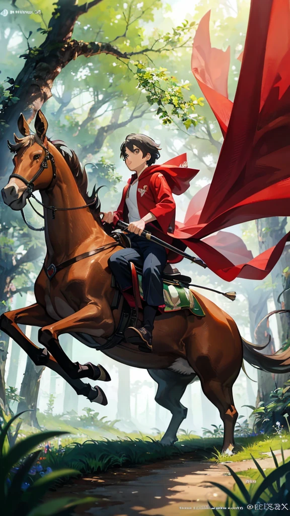 A man riding a chamois through a lush forest, Miyazaki anime films, Miyazaki Movies, Miyazaki Movies, Hayao Miyazaki\Movies, Studio Ghibli smooth concept art, Miyazaki Movies scene, Ghibli anime movies, Scenes from animated movies, Hayao Miyazaki, Princess Mononoke, Studio Ghibli & James Gurney,Highest quality, Ultra high definition, High detail, The man is wearing a red hood、Riding antelope