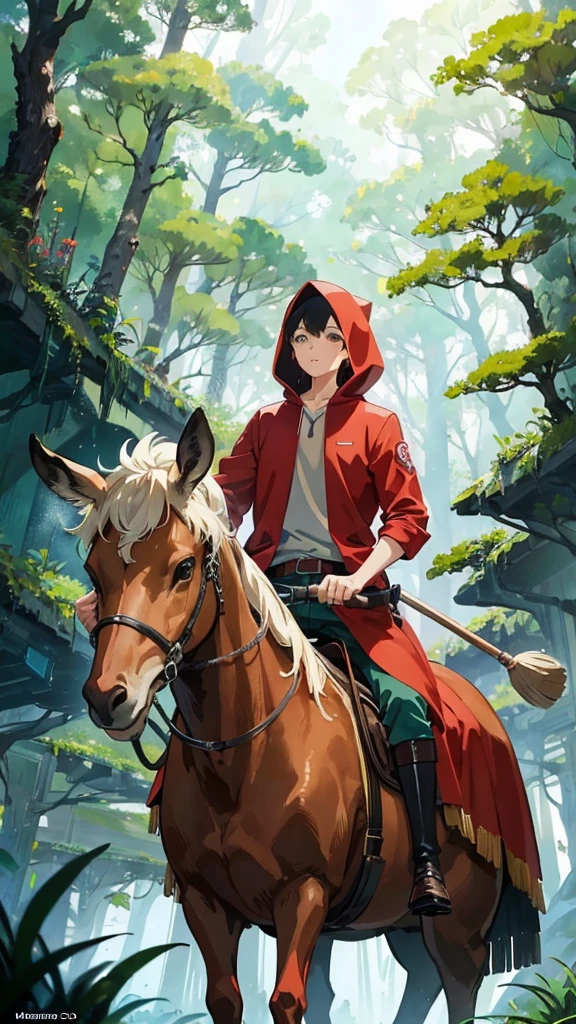 A man riding a chamois through a lush forest, Miyazaki anime films, Miyazaki Movies, Miyazaki Movies, Hayao Miyazaki\Movies, Studio Ghibli smooth concept art, Miyazaki Movies scene, Ghibli anime movies, Scenes from animated movies, Hayao Miyazaki, Princess Mononoke, Studio Ghibli & James Gurney,Highest quality, Ultra high definition, High detail, The man is wearing a red hood、Riding antelope