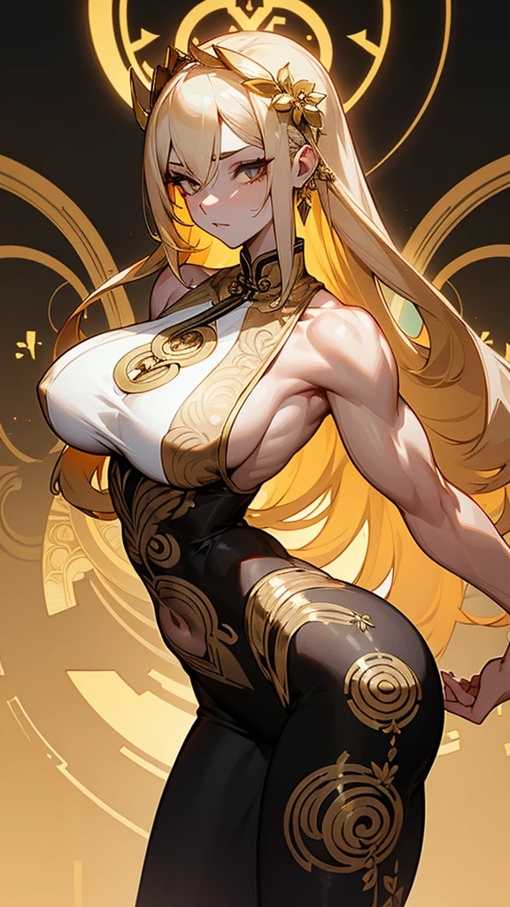 1girl, Tall, Muscular, Black Sclera, Golden Iris, Pale Whire Skin, Golden Floral Circuitry Markings On Her, Big Breast, Big Hips, Big Ass, White Qipao, Gold Trim, Gold Hem, Golden Greek Headpiece, Detailed Muscle Geoups, Detailed Art, Detailed Body Frame