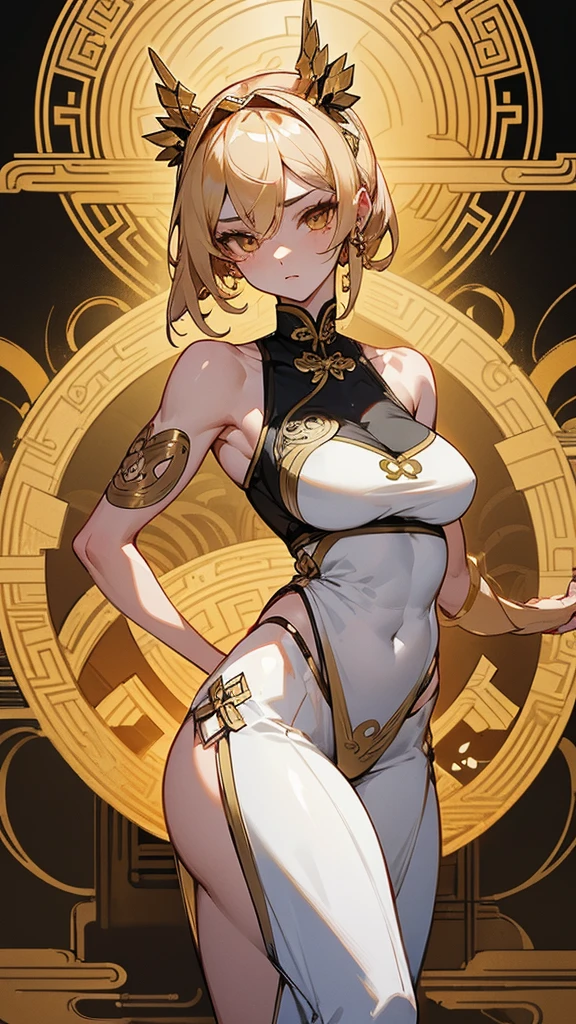 1girl, Tall, Muscular, Black Sclera, Golden Iris, Pale Whire Skin, Golden Floral Circuitry Markings On Her, Big Breast, Big Hips, Big Ass, White Qipao, Gold Trim, Gold Hem, Golden Greek Headpiece, Detailed Muscle Geoups, Detailed Art, Detailed Body Frame
