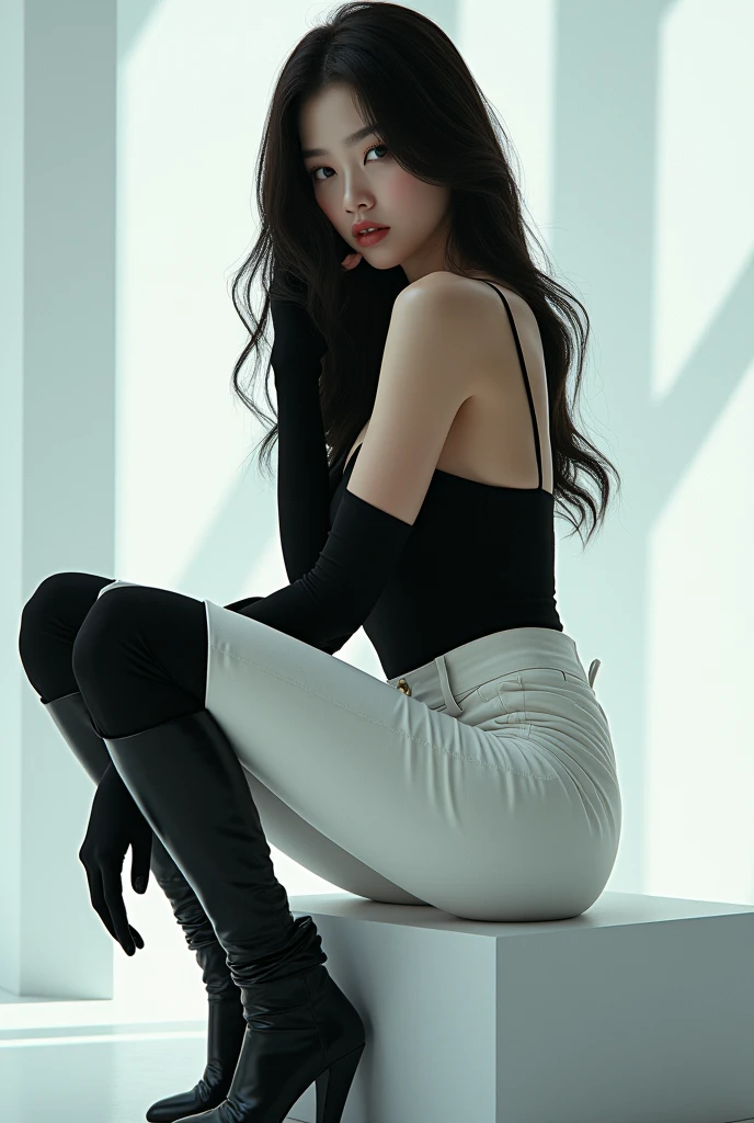 Korean girl, black thigh high boots, white pants, long gloves