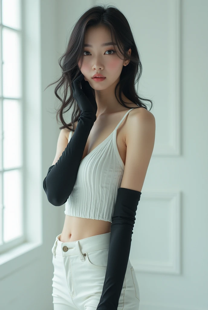 Korean girl, black thigh high boots, white pants, long gloves