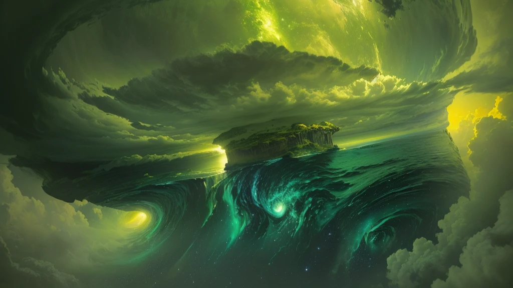 picture of a highly atmospheric planet a gass giant, with a liguid core, that has a lot of hurricanes reachig the sky from water, the whole planet has a green color pallete, it is digitaly drawn, with a perspective like a wide lens would have, it is very cloudy and sometimes greenish light is coming through the clouds, outer wilds game, 4k, 8k, masterpiece