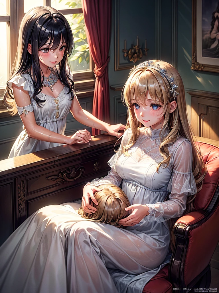 (masterpiece:1.4), (ultra detailed:1.4), (extremely detailed CG:1.4), (Shiny glossy wet hair:1.4), (super fine illustration:1.4), full lip gloss, A heartwarming scene of a mother playing the piano for her child. The mother has a gentle smile on her face as she softly plays the piano, creating a peaceful and loving atmosphere. The child is sitting next to the mother, listening intently with a calm and happy expression. The room is warmly lit, with soft light filtering through a nearby window, and the piano is an elegant upright with a polished wooden finish. The bond between the mother and child is evident in their serene expressions and the tranquil setting