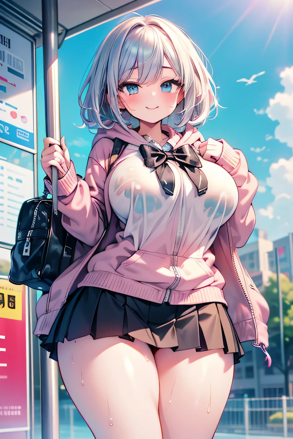 Anime illustration、High resolution、smile、A busty, chubby, lewd high school girl shows off her sexuality at the bus stop by wearing a hoodie over her shirt、Bow ribbon tie、mini skirt、Clothes are wet and see-through、Perfect proportions、Cowboy Shot、Plump thighs、Sharp Eyes、Sweaty