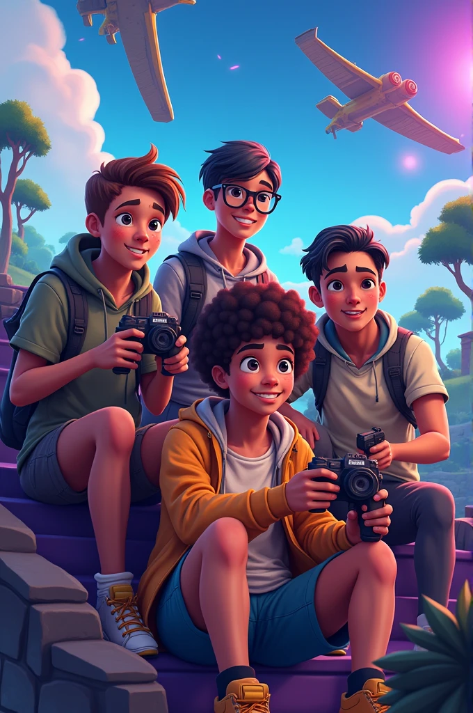 make me an image of five friends in the fortnite game one of them is white and has brown hair and brown eyes one of them is brunette and has short curly hair, one of them is a bit chubby and wears glasses and has black hair and eyes and lastly one with very short hair, black hair and eyes and a small line on his eyebrow