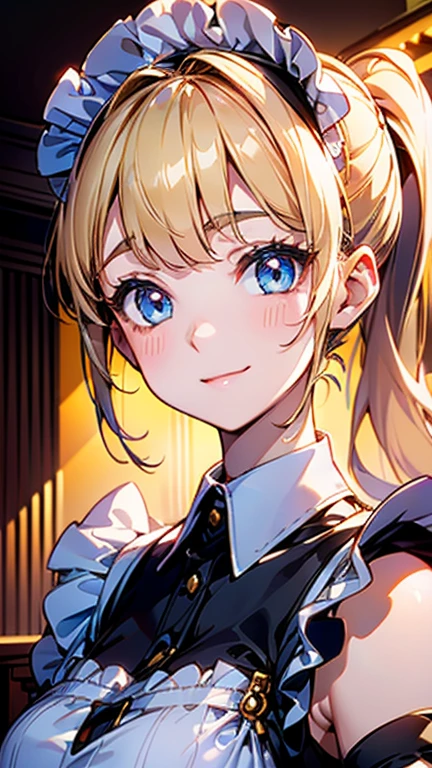 Best quality , masterpiece, Portrait、、Bright expression、ponytail、Young, shiny, white, glossy skin、Gloss Face、Shining Cheek Gloss、Small Face Beauty、The best beauty、The dazzling light of blonde hair、Bright blonde hair with dazzling highlights、Very beautiful shiny light blonde hair、super long silky straight hair、Her shiny, beautiful bangs are covering her eyes.、Sparkling, clear, attractive, bright, large, pale blue eyes、Very big eyes、eyeliner、very beautiful lovely cute girl、young girl, huge Bust, upper body , (smile:1.2) , (((classical maid :1.2, ponytail )))),in room ,medium breast , maid girl with a pink uniform and a white apron.