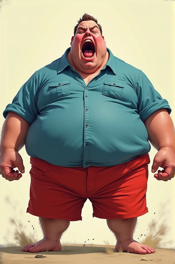 A giant fat man screaming in a blue shirt and red shorts