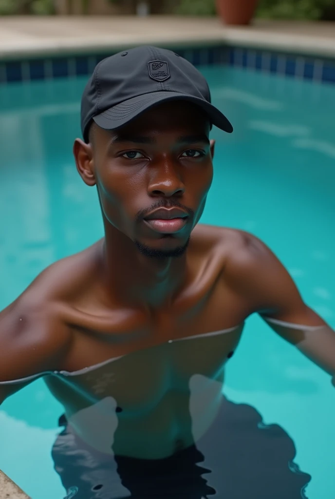 best qualityer:1.4), (ultra high resolution:1.2), (photorrealistic:1.4), (8k, CRU photo:1.2), a thin young man of 20 years old, skin black, with a smooth, beardless face, corte de cabelo buzzcut, He's wearing a black cap. It's inside the pool. thin build. She has a seductive look at the camera
