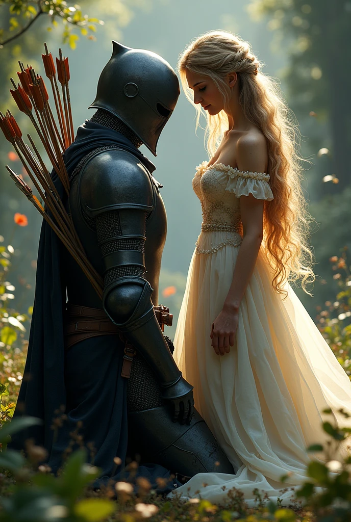 A knight in black armor with many arrows stuck in his back kneeling in front of a beautiful princess girl