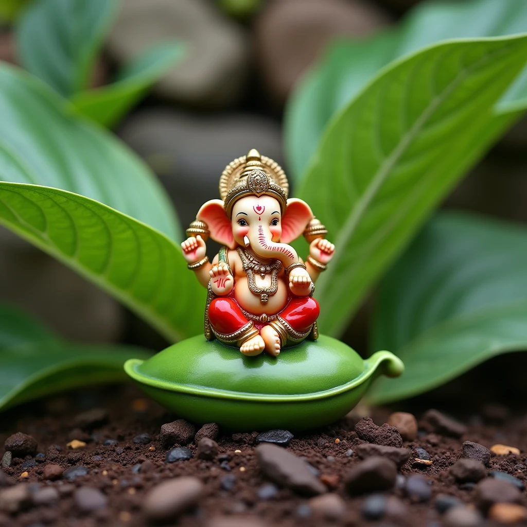 The image shows a small figurine of Lord Ganesha sitting on top of a green pea pod. The figurine is made of ceramic and is painted in a traditional Indian style. The pot is placed on a bed of soil and there are two large green leaves on either side of the pot. The background is blurred, but it appears to be a garden or a garden bed with plants and rocks. The overall mood of the image is peaceful and serene.