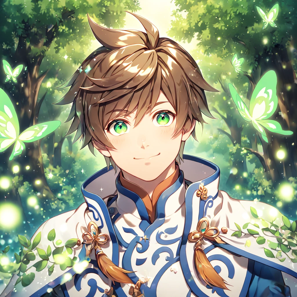 absurdres, highres, ultra detailed, HDR, master piece, best quality, extremely detailed, detailed eyes, Sorey, brown hair, expressive green eyes, Tales Of Zestiria, solo, sexy man, sensual, handsome, smile, manly man, blue clothes, white cape, white gloves, under a green tree, fantasy, magical, glittering fireflies, green butterflies, green flames, magic, green leaves