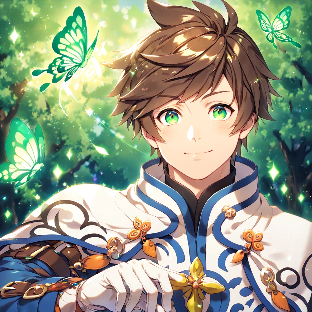 absurdres, highres, ultra detailed, HDR, master piece, best quality, extremely detailed, detailed eyes, Sorey, brown hair, expressive green eyes, Tales Of Zestiria, solo, sexy man, sensual, handsome, smile, manly man, blue clothes, white cape, white gloves, under a green tree, fantasy, magical, glittering fireflies, green butterflies, green flames, magic, green leaves