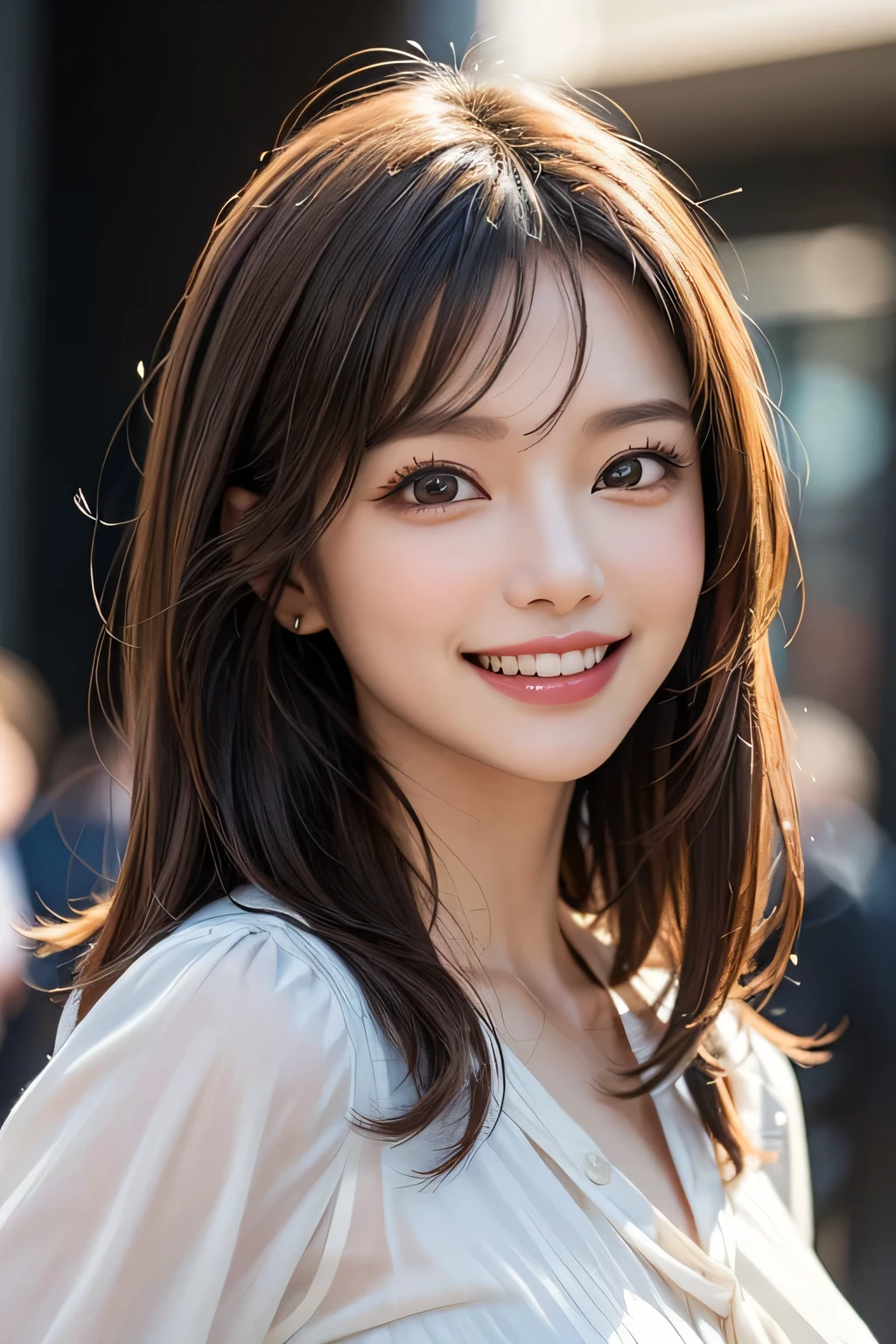 ((masterpiece)), ((Highest quality)), ((Complex)), ((Surreal)), (Realistic), (Mature Woman), ((There are no classes)), Very detailed, (1 female), Beautiful and exquisite, (Beautiful Teeth), Grin, Brunette bob hair, Brown eyes, ((blouse)), (Upper Body), ((background:none)), Perfect Eyes, Captivating eyes, Looking at the audience