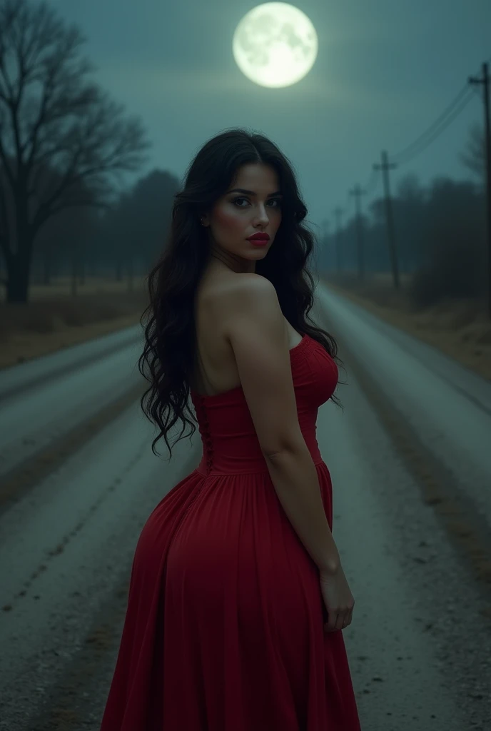 Spanish dark brunette woman, 4, sensuous, big bust, rosto sensuous, red mouth, dark brown wavy hair down to the butt, large and gluteal, long red dress, at an empty crossroads, full moon at night