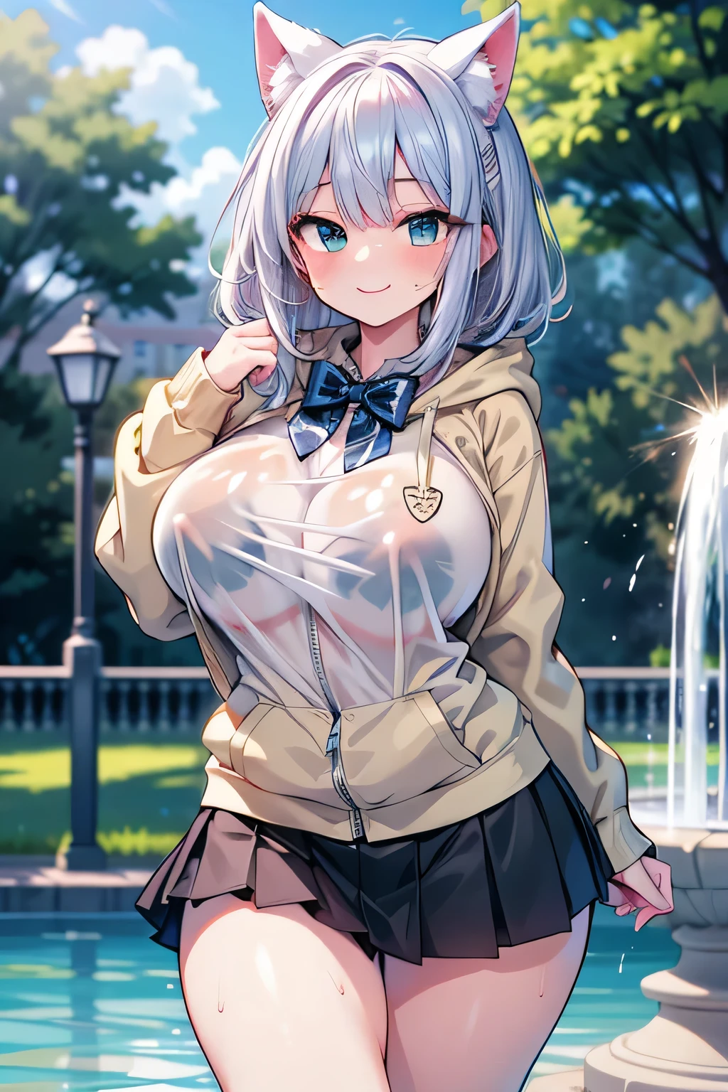 Anime illustration、High resolution、smile、A busty, chubby, lewd high school girl with dog ears wears a hoodie over her shirt and appeals to her sexuality at the water fountain in the park、Bow ribbon tie、mini skirt、Clothes are wet and see-through、Perfect proportions、Cowboy Shot、Plump thighs、Sharp Eyes、Sweaty