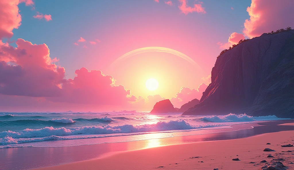 Vice City GTA, pink and blue and yellow sky with a yellow sun, In the background a huge stone mountain, on a beach