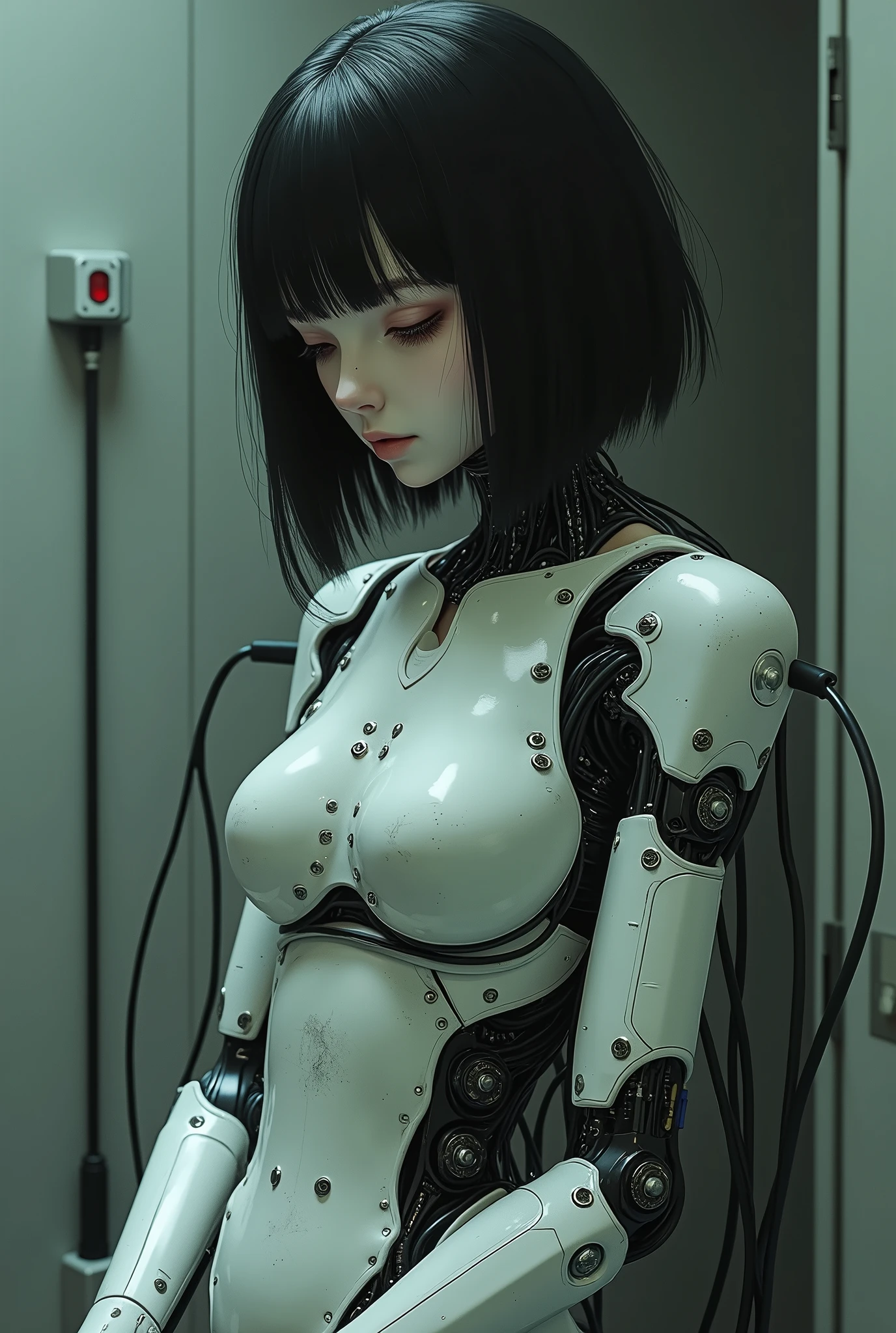 Depressed girl、Japanese、Black Hair、Bobcut、Pale complexion、Are thin、cyborg、Countless cords connected to the whole body、maintenance、Dislocated arm、The power supply is turned off、Real、Finish like a photo