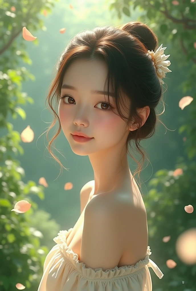 30 generations、Japanese beauty、kind face、smiling face、beautiful eyes、slightly bigger breasts、Dress is casual、masterpiece, highest quality, (Highly detailed CG Unity 8K wallpaper) (highest quality), (best illustrations), (best shadows) nature', garden,Delicate leaf petals fall into the air rays Tracking, Super detailed - V6