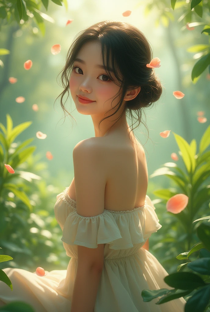 30 generations、Japanese beauty、kind face、smiling face、beautiful eyes、slightly bigger breasts、Dress is casual、masterpiece, highest quality, (Highly detailed CG Unity 8K wallpaper) (highest quality), (best illustrations), (best shadows) nature', garden,Delicate leaf petals fall into the air rays Tracking, Super detailed - V6