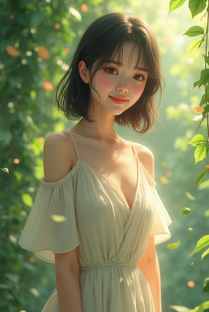 30 generations、Japanese beauty、kind face、smiling face、beautiful eyes、slightly bigger breasts、Dress is casual、masterpiece, highest quality, (Highly detailed CG Unity 8K wallpaper) (highest quality), (best illustrations), (best shadows) nature', garden,Delicate leaf petals fall into the air rays Tracking, Super detailed - V6
