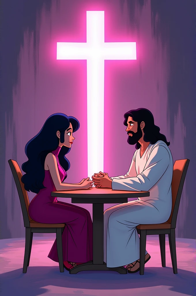 Garnet from Steven Universe and Jesus Christ sitting at a table, engaged in a theological debate, by Rebecca Sugar
