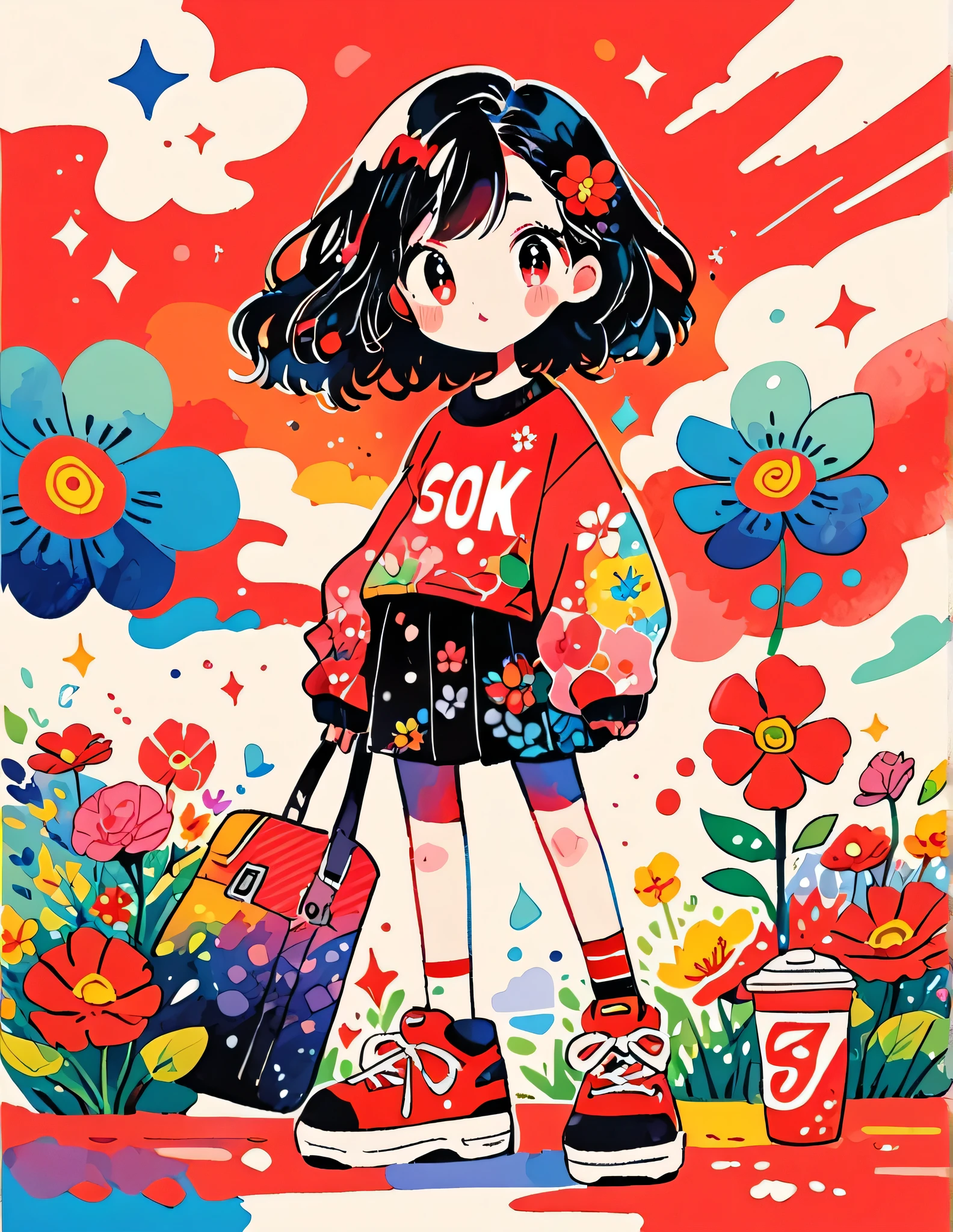 Black Star Red and White Style、(((stylish fashion))), 8K Quality、Intense watercolor, Detailed watercolor art, Watercolor splash, Surreal, avant-garde pop art, Beautiful and expressive paintings, Beautiful artwork illustration, Very colorful tones, wonderful, Cool beauty, highest quality、Official Art, Vector art, Stylish design, (((The most beautiful girl))), (((highest quality))), HDR, ((detailed)), (((Doodle Art)), ((masterpiece)), ((Super detailed)), (((Colorful flowers))),(((Stylish)))
