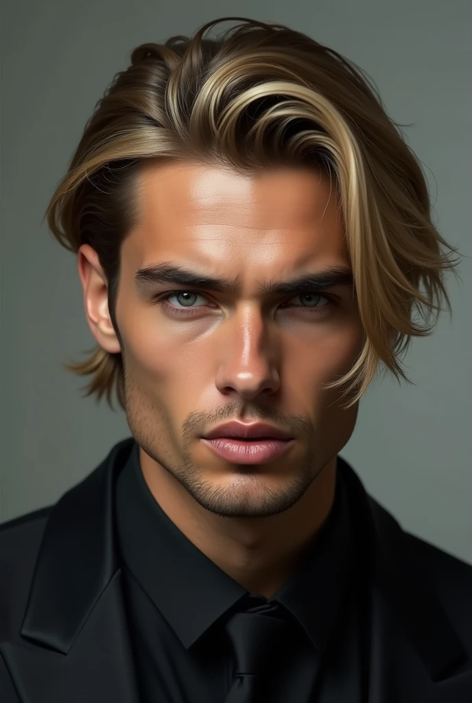 Make me a man, with fine features and grey eyes, with straight blonde hair with a challenging look short hair, and he looks about 2 and looks Italian