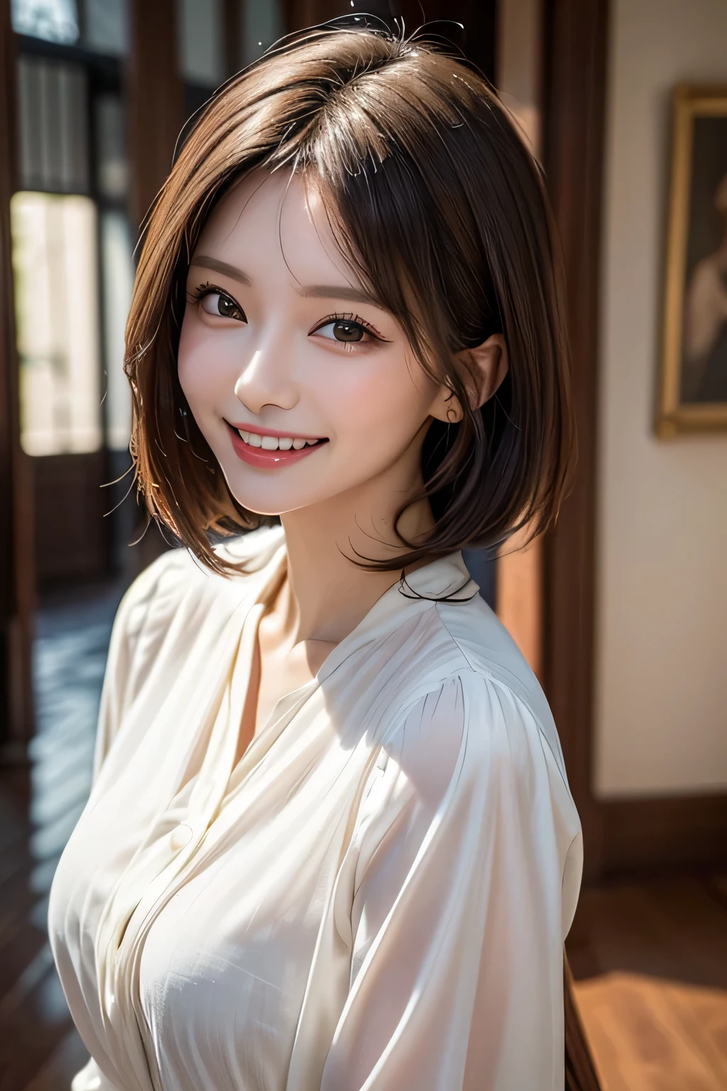 ((masterpiece)), ((Highest quality)), ((Complex)), ((Surreal)), (Realistic), (Mature Woman), ((There are no classes)), Very detailed, (1 female), Beautiful and exquisite, (Beautiful Teeth), Grin, Brunette bob hair, Brown eyes, ((blouse)), (Upper Body), ((background:none)), Perfect Eyes, Captivating eyes, Looking at the audience