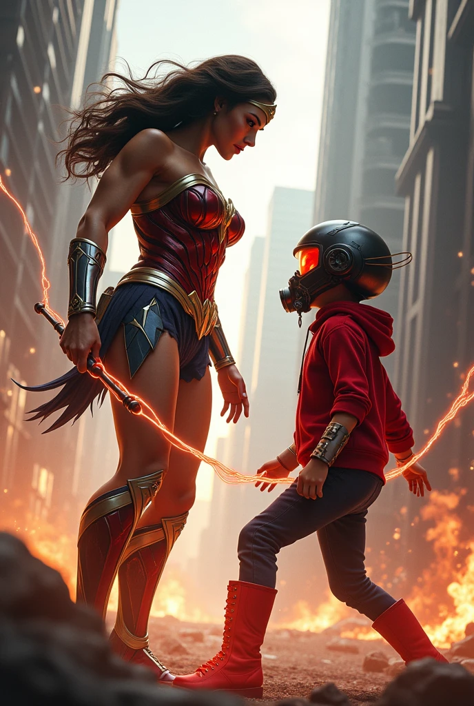 Wonder woman, realistic, big breasts, microphone, full body & Youg boy with red hoodie, headphones, Star-lord helmet, rocket boots, gas helmet, covered mouth, round red, eyes, front cover, ??? Star-lord with red hoodie, star-lord helmet, gas helmet, covered mouth, round red eyes, Red eyes, magic rings in the hands and rocket boots, Fighting, power, fiction, 2 persons, magic lasso, hight, fall, DJ, view of the city from above, flying in the sky, capa roja, fire under shoes, Space.