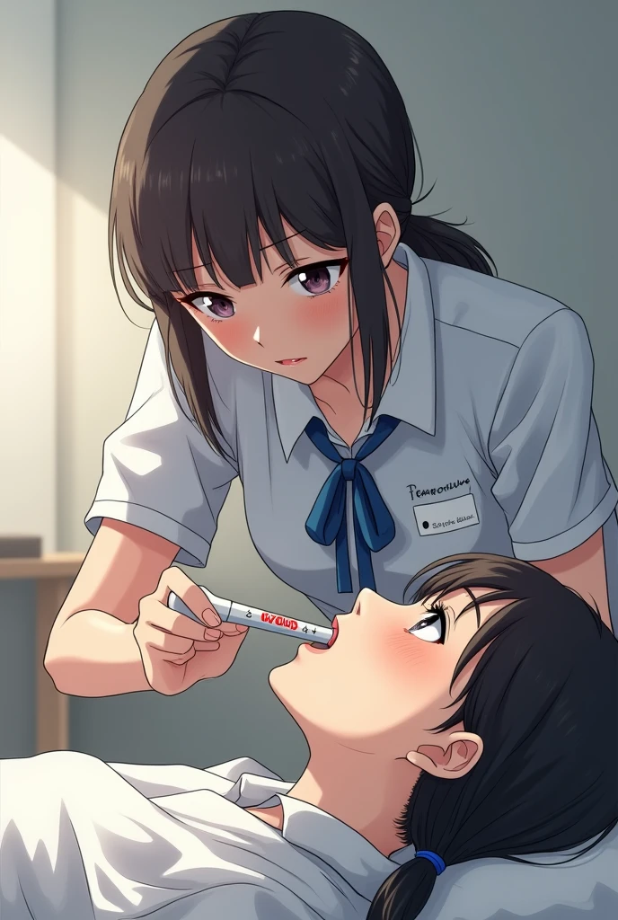 Create an image of a student taking another person's temperature with a mercury thermometer 