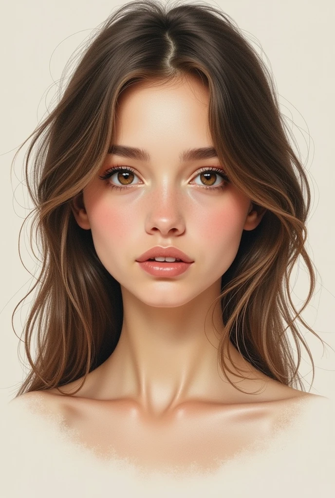 A drawing of a white woman, with light brown eyes, straight brown hair, long eyelashes