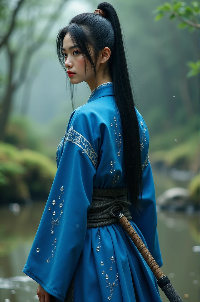 long black hair, tied on a low kite deep blue eyes. Wear traditional hunter clothing, with blue haori bearing water drop patterns 