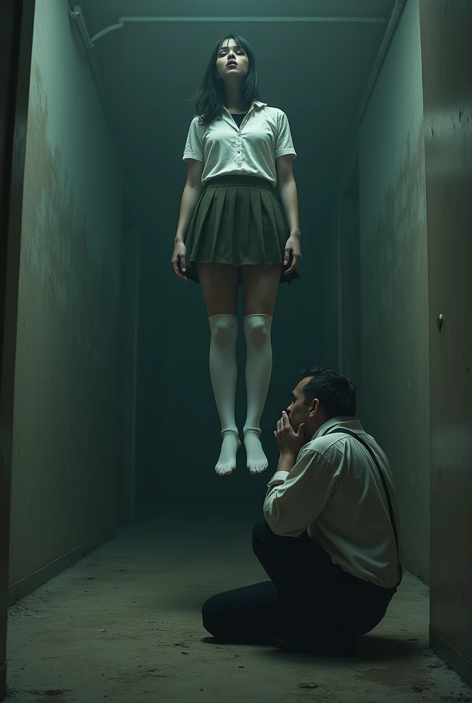 Schoolgirl scene in white thigh high socks , hanged , hovering in the air , a man sitting on the ground in panic
