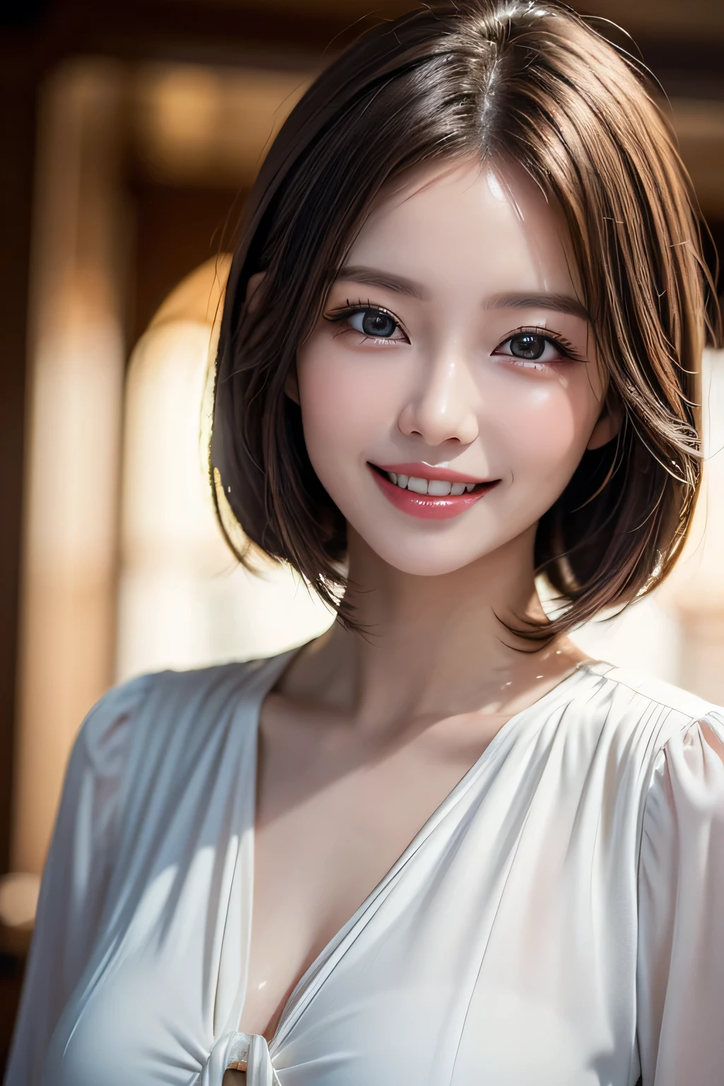 ((masterpiece)), ((Highest quality)), ((Complex)), ((Surreal)), (Realistic), (Mature Woman), ((There are no classes)), Very detailed, (1 female), Beautiful and exquisite, (Beautiful Teeth), Grin, Brunette bob hair, Brown eyes, ((blouse)), (Upper Body), ((background:none)), Perfect Eyes, Captivating eyes, Looking at the audience