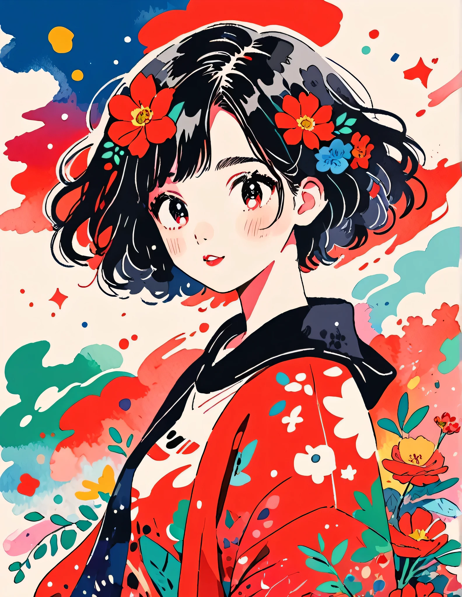 Black Star Red and White Style、(((stylish fashion))), 8K Quality、Intense watercolor, Detailed watercolor art, Watercolor splash, Surreal, avant-garde pop art, Beautiful and expressive paintings, Beautiful artwork illustration, Very colorful tones, wonderful, Cool beauty, highest quality、Official Art, Vector art, Stylish design, (((The most beautiful girl))), (((highest quality))), HDR, ((detailed)), (((Doodle Art)), ((masterpiece)), ((Super detailed)), (((Colorful flowers))),(((Stylish)))