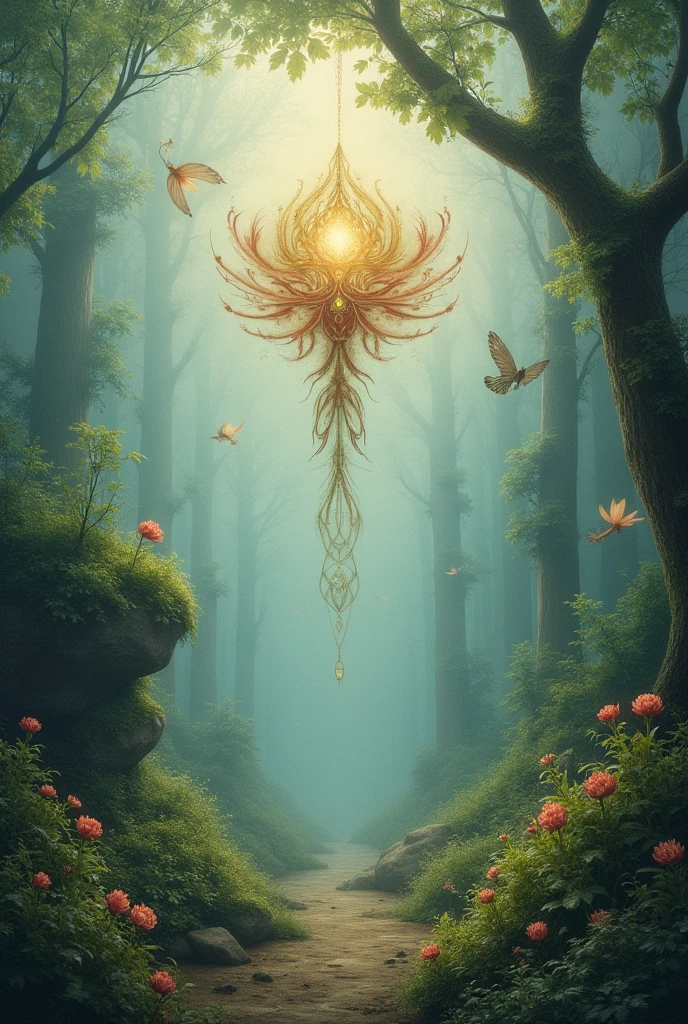 Create an easy drawing with the theme of magical realism where it shows mystery without human figures