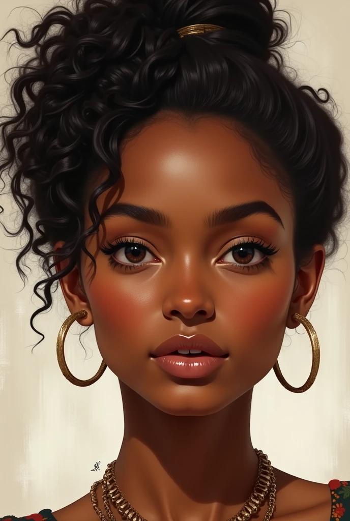 
Create a detailed illustrated portrait of a Melanesian woman with dark brown skin and afro-textured hair characterized by tight curls or coils. She has a broad, rounded nose with a defined bridge, full and well-defined lips, and almond-shaped dark brown eyes. Her eyebrows are thick and naturally arched, and her cheekbones are high and prominent. Her jawline is strong and rounded, giving her face a balanced, harmonious look. The expression on her face should be warm and gentle, reflecting confidence and grace.