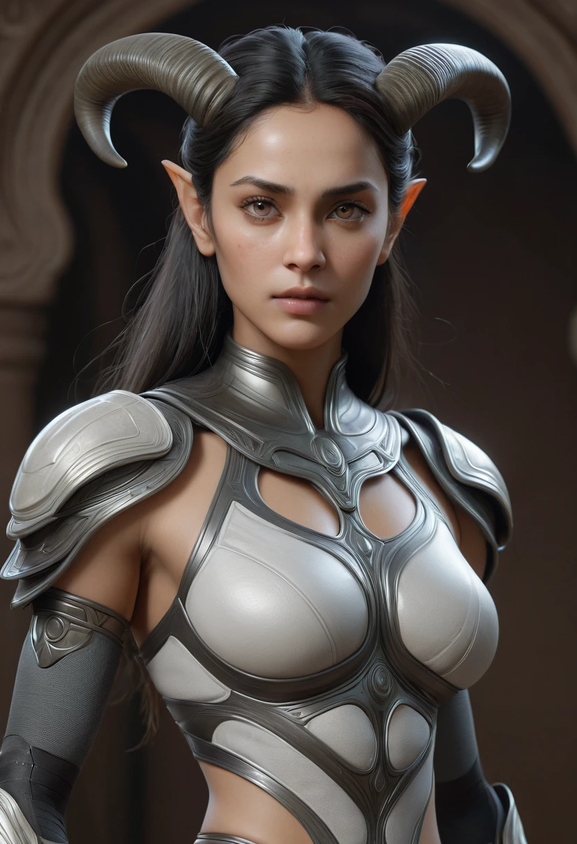 A hyper-realistic image of a female Karnathi humanoid character, closely resembling the provided 3D model. The character stands at approximately 1.8 meters tall with a light gray skin tone that has a smooth, almost metallic texture. Her body is athletic, with well-defined muscles, highlighting her strength and agility. Facial Features and Horns: Her face is defined by sharp, angular features with a pronounced jawline and high cheekbones. She has distinct bony protrusions on her forehead, resembling small, crown-like horns. These horns curve slightly backward and are a prominent feature of her anatomy. The facial expression is serious, reflecting her stern and focused demeanor. Her eyes are deep-set and intense, with a piercing gaze that conveys both intelligence and determination. Body Details: Her body is adorned with light gray bone-like scales that are visible on her shoulders, upper chest, and forearms, providing a subtle contrast to her lighter skin tone. These scales are smooth and minimal, accentuating her alien nature while maintaining a humanoid appearance. Additional bony protrusions are present on her back and thighs, seamlessly integrated into her body structure. Clothing: She is dressed in minimal clothing that consists of dark-toned undergarments, which contrast with her light skin and emphasize her athletic build. The clothing is simple and functional, designed to offer coverage while showcasing her physical form. The textures and folds of the fabric should appear realistic and naturally conform to her body. Pose and Expression: She stands in a neutral position with her arms slightly outstretched, as if ready for action, while maintaining a balanced posture. Her expression is focused, with a slight furrow in her brow, giving her an intense and commanding presence. Background: The background should be neutral, focusing all attention on the Karnathi character. The lighting is soft, yet sufficient to highlight the intricate details of her skin, scal