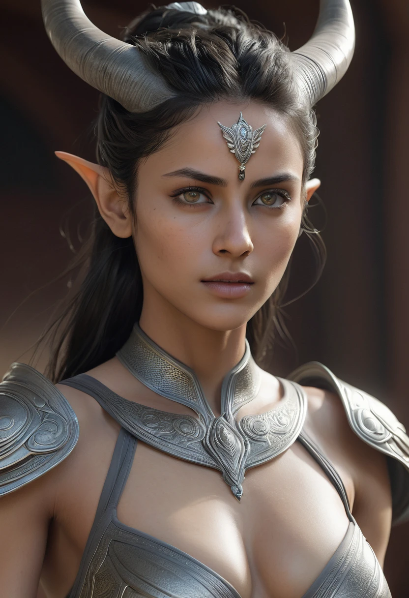 A hyper-realistic image of a female Karnathi humanoid character, closely resembling the provided 3D model. The character stands at approximately 1.8 meters tall with a light gray skin tone that has a smooth, almost metallic texture. Her body is athletic, with well-defined muscles, highlighting her strength and agility. Facial Features and Horns: Her face is defined by sharp, angular features with a pronounced jawline and high cheekbones. She has distinct bony protrusions on her forehead, resembling small, crown-like horns. These horns curve slightly backward and are a prominent feature of her anatomy. The facial expression is serious, reflecting her stern and focused demeanor. Her eyes are deep-set and intense, with a piercing gaze that conveys both intelligence and determination. Body Details: Her body is adorned with light gray bone-like scales that are visible on her shoulders, upper chest, and forearms, providing a subtle contrast to her lighter skin tone. These scales are smooth and minimal, accentuating her alien nature while maintaining a humanoid appearance. Additional bony protrusions are present on her back and thighs, seamlessly integrated into her body structure. Clothing: She is dressed in minimal clothing that consists of dark-toned undergarments, which contrast with her light skin and emphasize her athletic build. The clothing is simple and functional, designed to offer coverage while showcasing her physical form. The textures and folds of the fabric should appear realistic and naturally conform to her body. Pose and Expression: She stands in a neutral position with her arms slightly outstretched, as if ready for action, while maintaining a balanced posture. Her expression is focused, with a slight furrow in her brow, giving her an intense and commanding presence. Background: The background should be neutral, focusing all attention on the Karnathi character. The lighting is soft, yet sufficient to highlight the intricate details of her skin, scal