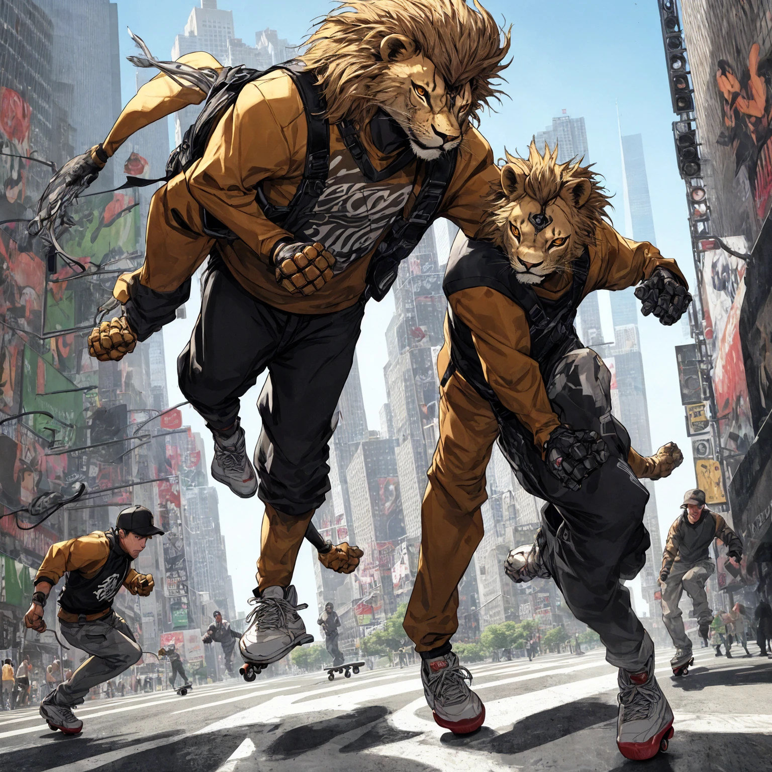 create a humanoid lion with a human body skateboarding in New York