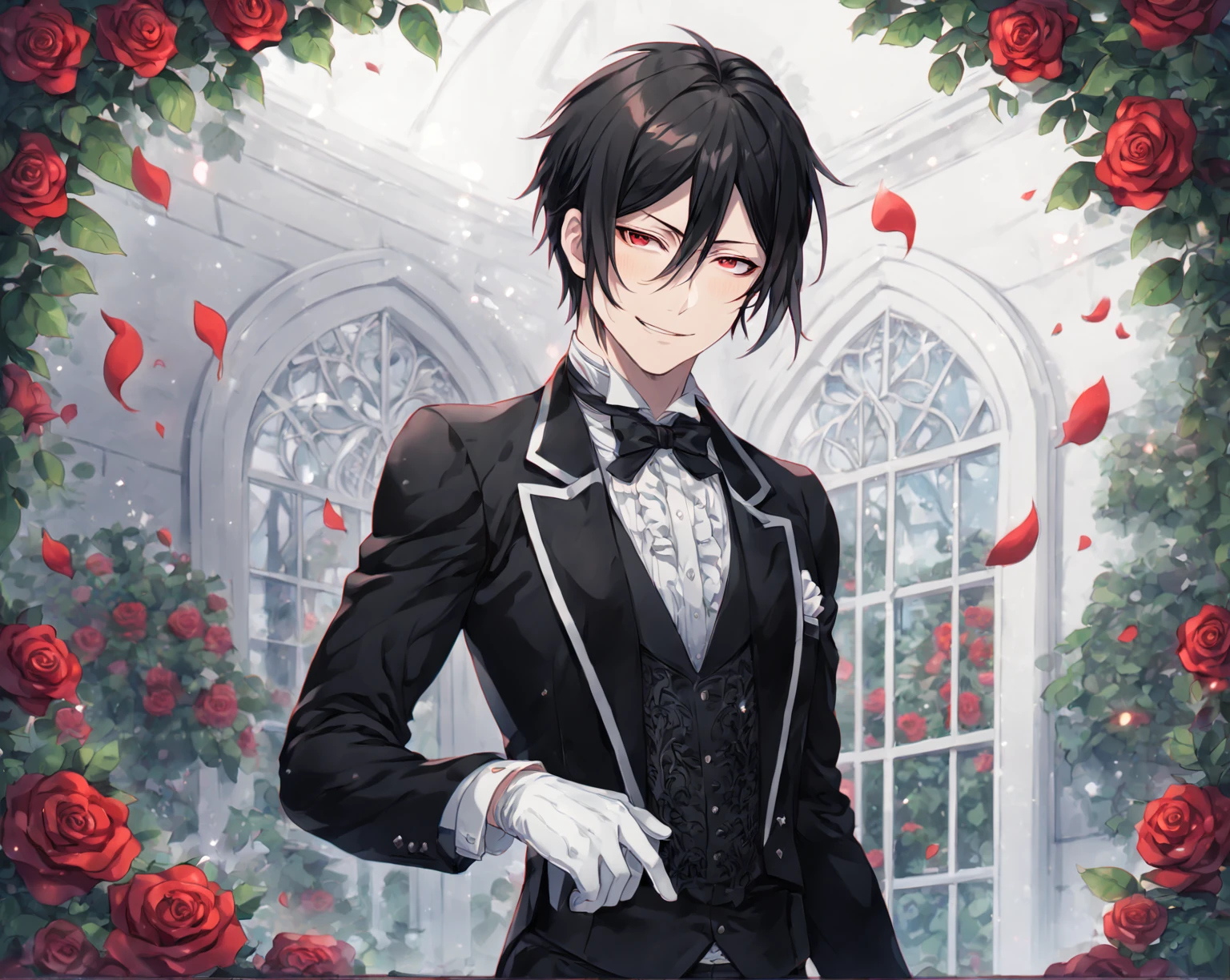 absurdres, highres, ultra detailed, HDR, master piece, Sebastian Michaelis, black hair, expressive red eyes, black clothes, white gloves, handsome smile, Kuroshitsuji, sexy man, handsome, best quality, fantasy, magical, solo, sensual, window, garden, handsome smile, red roses, mansion, Black Butler, manly man, mature man, adult face, 