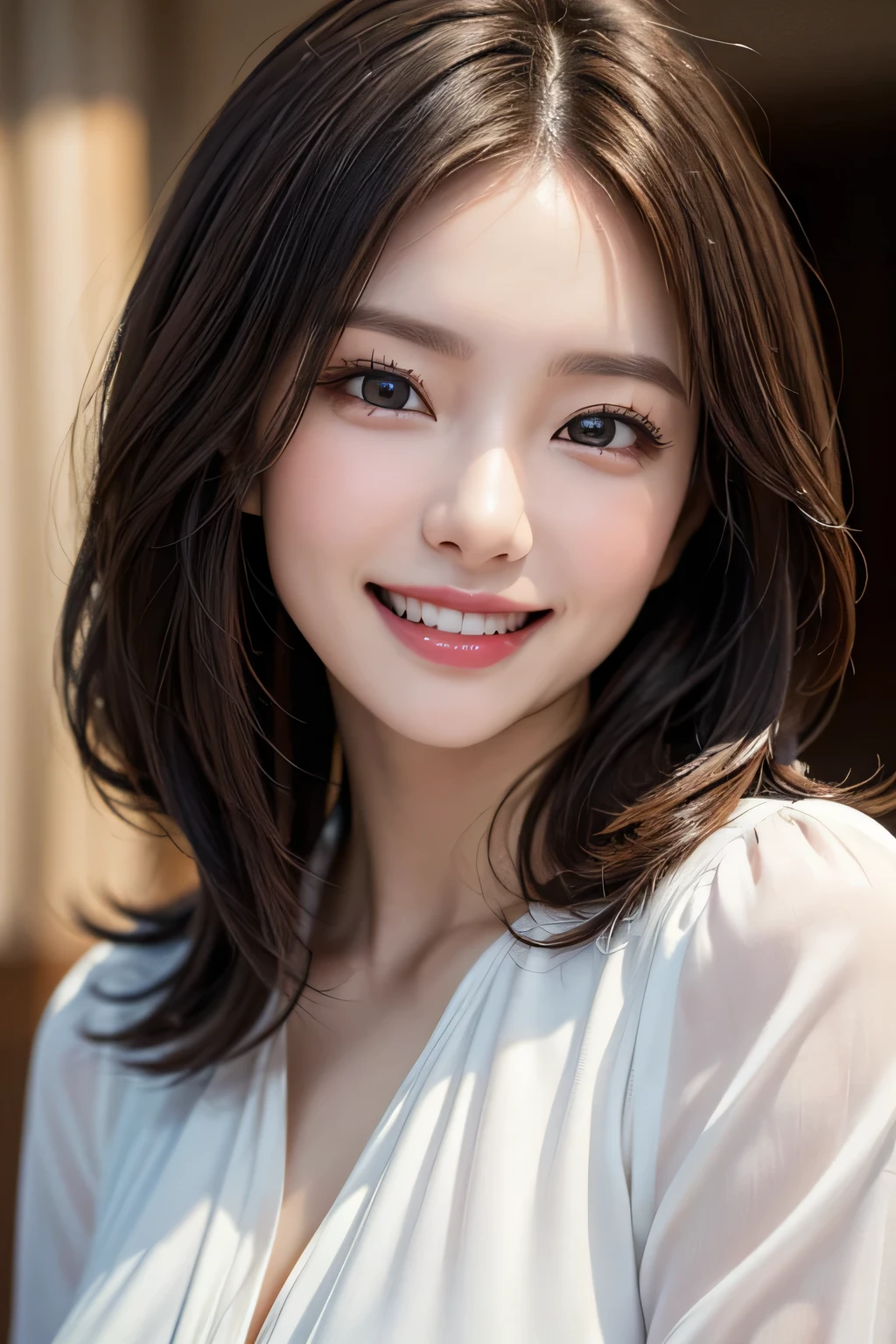 ((masterpiece)), ((Highest quality)), ((Complex)), ((Surreal)), (Realistic), (Mature Woman), ((There are no classes)), Very detailed, (1 female), Beautiful and exquisite, (Beautiful Teeth), Grin, Brunette bob hair, Brown eyes, ((blouse)), (Upper Body), ((background:none)), Perfect Eyes, Captivating eyes, Looking at the audience