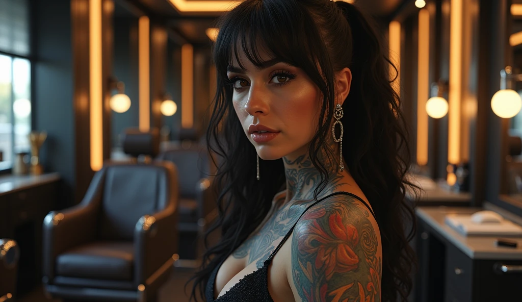 a heavily tattooed and pierced female barber in the empty space of a HI-TECH barber shop, very charismatic, sexy, with a body shape like Monica Bellucci, piercing gaze, 5'7" tall, 35 years.
The style is modern and atmospheric, with an emphasis on detail. The main focus is on the expressiveness of the character and the luxurious setting of the barber shop.
The angle is chosen so, to show the barber in a close-up from the waist up. This allows you to focus on his charismatic image, tattoos and piercings. The barber occupies the central place in the frame, leaning slightly towards the camera, which creates an effect of intimacy and engagement of the viewer. The barbershop is modern and upscale, with sleek, dark toned decor, leather chairs, and polished surfaces. The lighting in the room is soft, highlighting the luxury of the barbershop, illuminating interior elements, executed with great attention to detail.
The color palette is kept in warm tones, in rich colors. Dark and rich colors predominate: deep brown and black interior hues, silver and soft warm light accents, illuminating tattoos and details of the room. The barber's skin tone is natural, but somewhat enhanced for contrast with his dark tattoos and clothing. tattoos, In turn,, stand out in bright colors