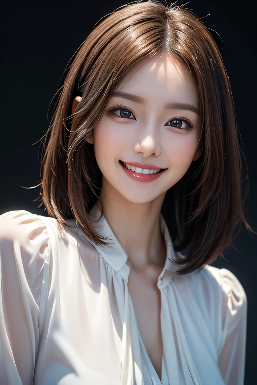 ((masterpiece)), ((Highest quality)), ((Complex)), ((Surreal)), (Realistic), (Mature Woman), ((There are no classes)), Very detailed, (1 female), Beautiful and exquisite, (Beautiful Teeth), Grin, Brunette bob hair, Brown eyes, ((blouse)), (Upper Body), ((background:none)), Perfect Eyes, Captivating eyes, Looking at the audience