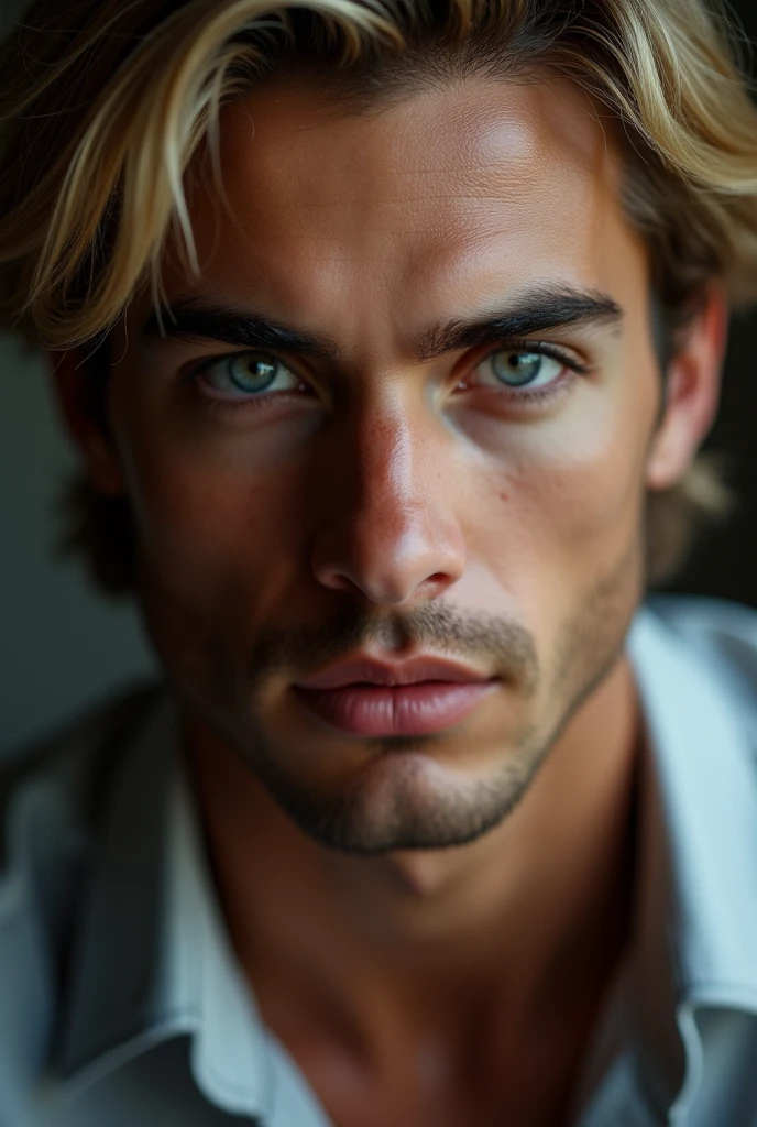 Make me a man, with fine features and grey eyes, with straight blonde hair with a challenging look short hair, and he looks about 2 and looks like an Italian without a beard